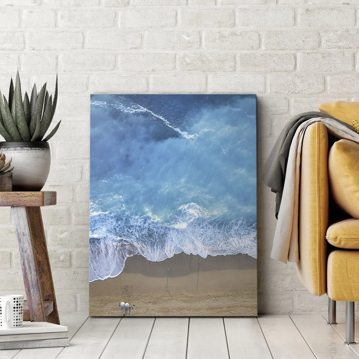Cuadro sobre lienzo - Impresión de Imagen - Una vista de pájaro de la playa y las olas del mar. - 70x100cm - El poder del azul - Decoración de pared moderna para salón y dormitorio ARTTOR