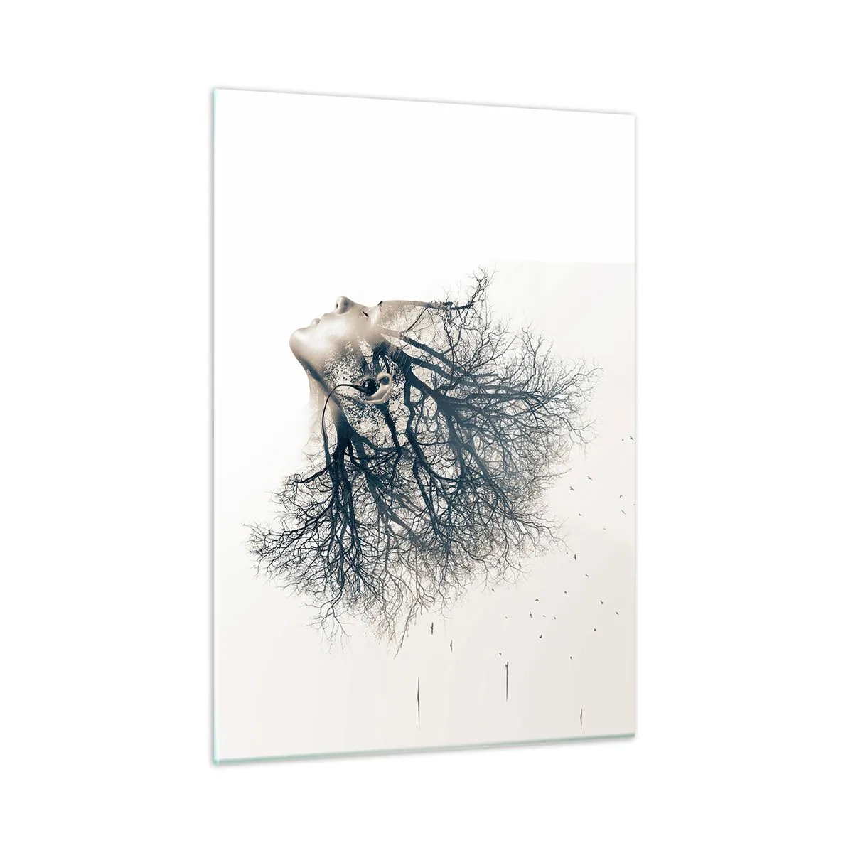 Cuadro sobre vidrio - Impresiones sobre Vidrio - Silueta de una mujer con ramas como cabello. - 50x70cm - Escuchando el susurro de un árbol - Decoración de pared moderna para salón y dormitorio ARTTOR