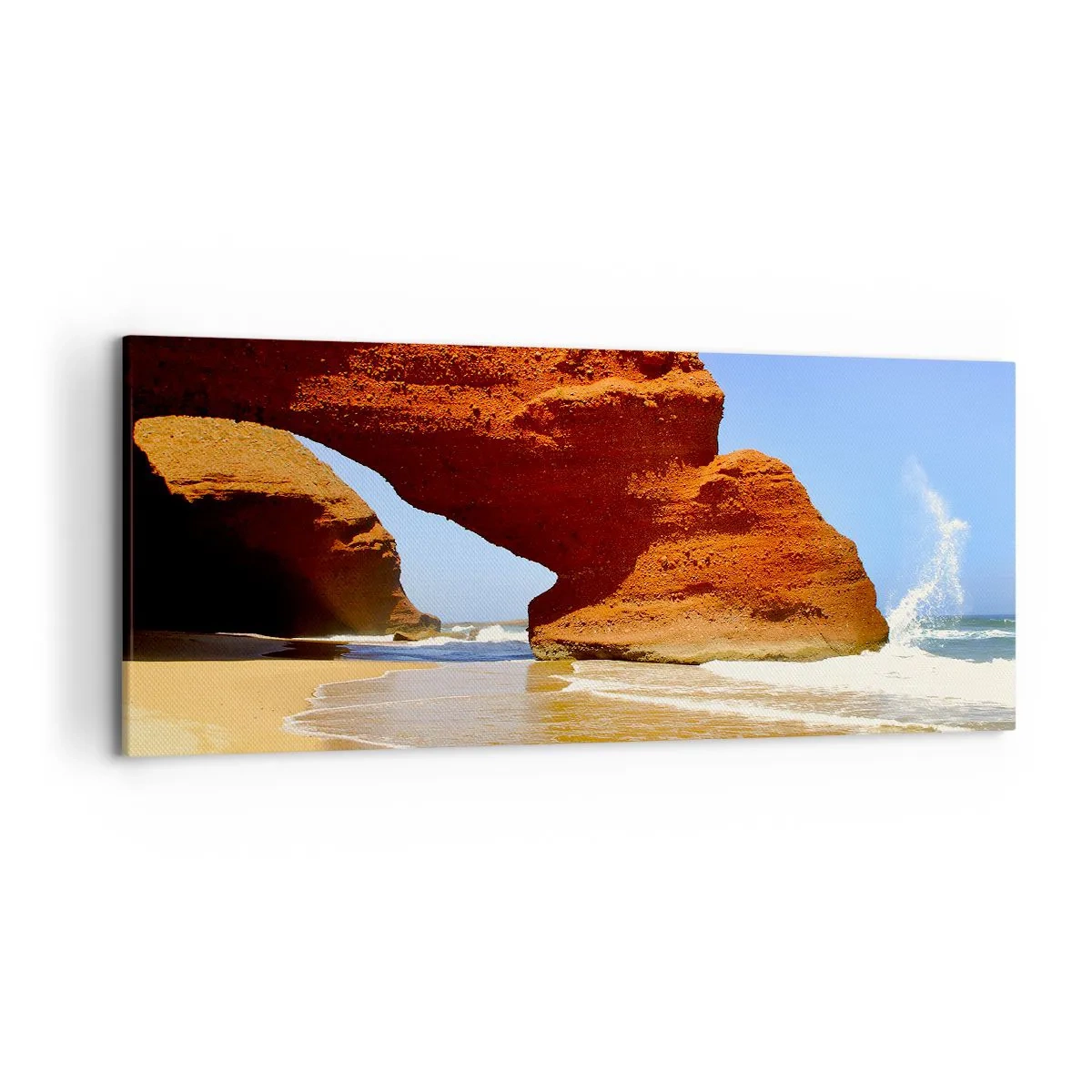 Cuadro sobre lienzo - Impresión de Imagen - Un arco de roca natural en una playa con cielos azules y olas. - 120x50cm - El agua y el viento a través de miles de años - Decoración de pared moderna para salón y dormitorio ARTTOR