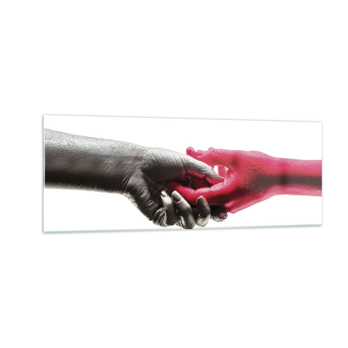 Cuadro sobre vidrio - Impresiones sobre Vidrio - Manos simbólicas en plata y rojo. - 140x50cm - Juntos, aunque diferentes - Decoración de pared moderna para salón y dormitorio ARTTOR