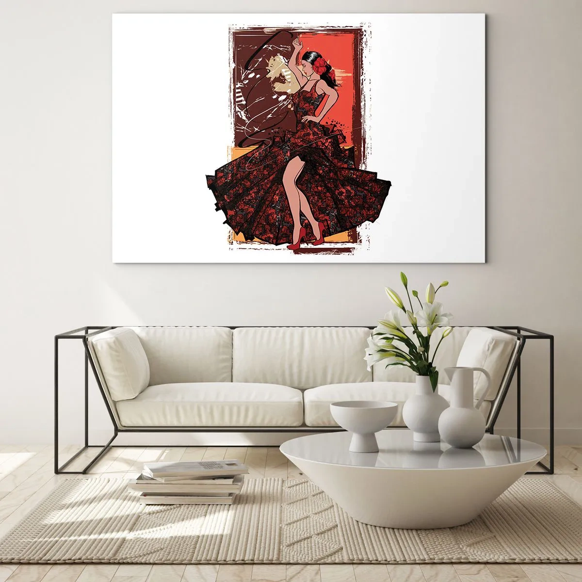 Cuadro sobre vidrio - Impresiones sobre Vidrio - Bailaora de flamenco con un elegante vestido rojo y negro - 120x80cm - El ritmo del corazón - Decoración de pared moderna para salón y dormitorio ARTTOR