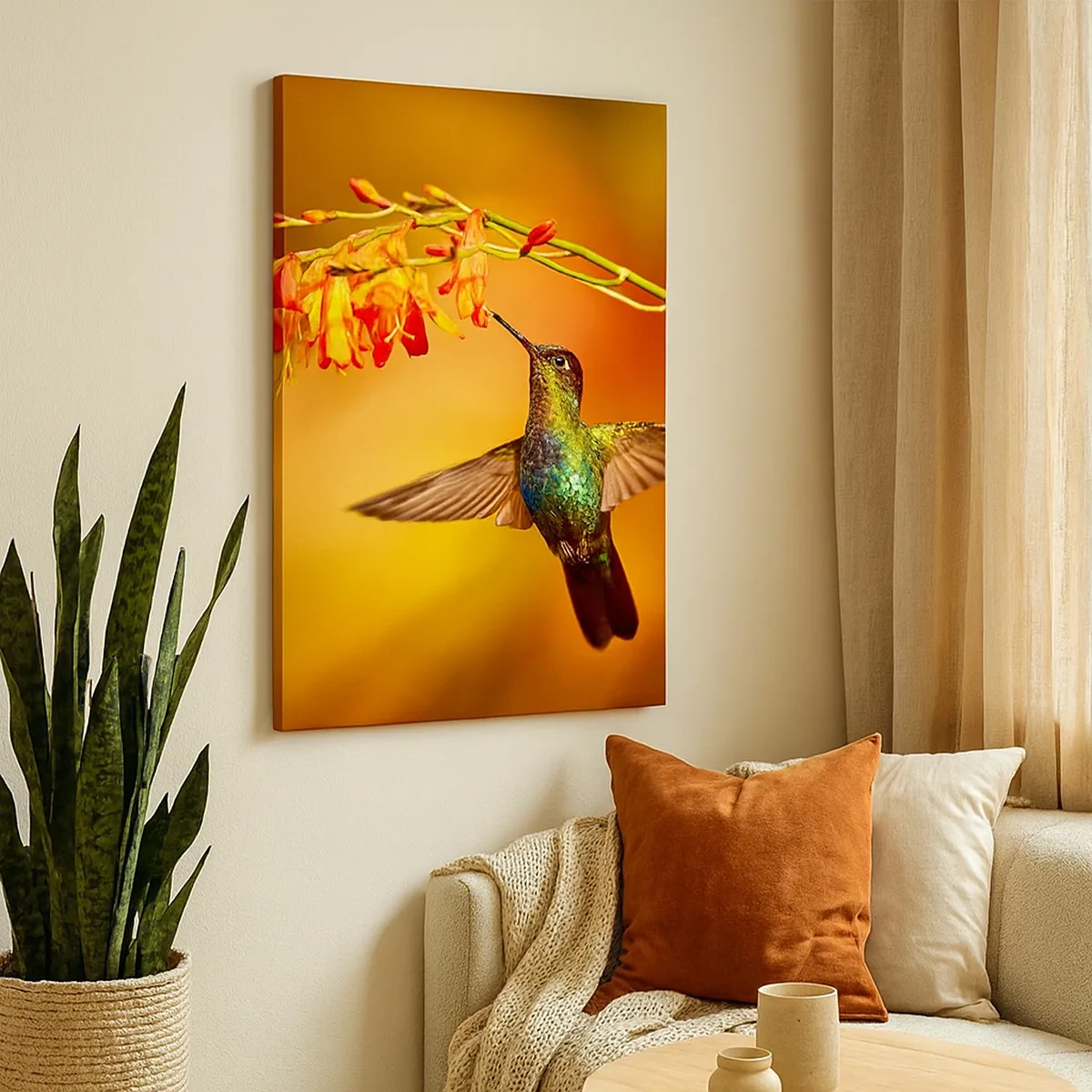 Cuadro sobre lienzo - Impresión de Imagen - Colibrí junto a una flor bajo la cálida luz - 50x70cm - Mensajero de la luz - Decoración de pared moderna para salón y dormitorio ARTTOR