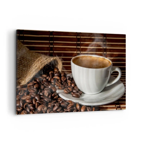 Cuadro sobre lienzo - Impresión de Imagen - Una taza de café con granos sobre un fondo de bambú. - 120x80cm - La negrura del carbón, la transparencia del ámbar - Decoración de pared moderna para salón y dormitorio ARTTOR