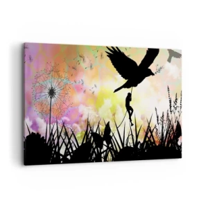 Cuadro sobre lienzo - Impresión de Imagen - Silueta de naturaleza con un pájaro y un diente de león. - 120x80cm - En un ambiente de cuento de hadas - Decoración de pared moderna para salón y dormitorio ARTTOR