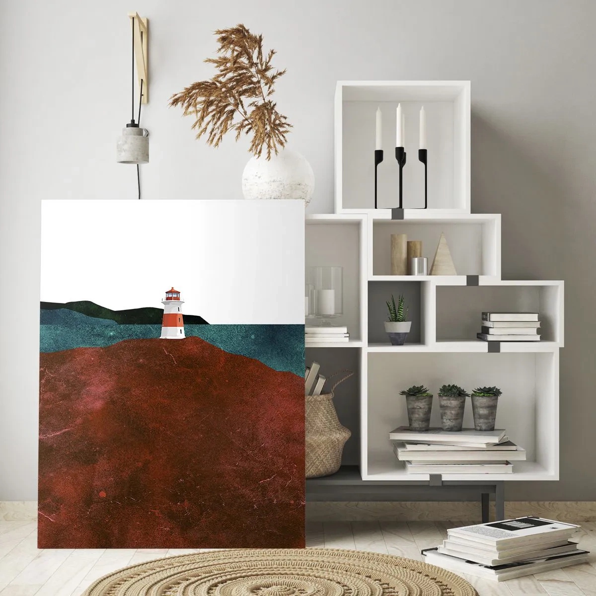 Cuadro sobre vidrio - Impresiones sobre Vidrio - Un faro con el mar turquesa y acantilados rojos como telón de fondo. - 50x70cm - Mirando al mar - Decoración de pared moderna para salón y dormitorio ARTTOR