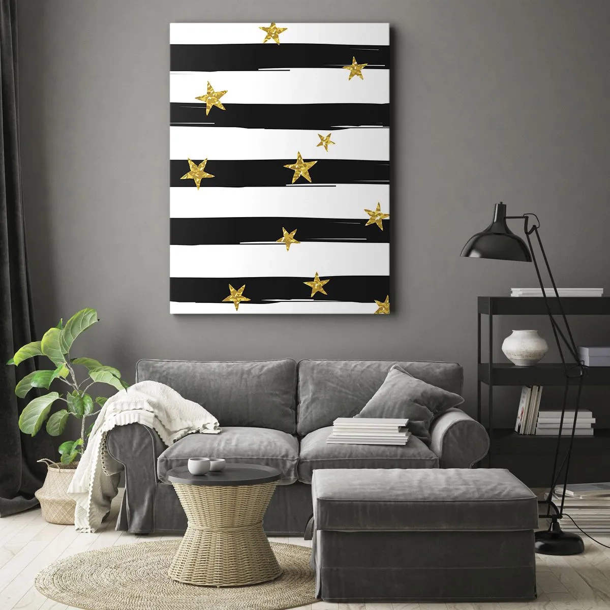 Cuadro sobre lienzo - Impresión de Imagen - Rayas blancas y negras con estrellas doradas - 70x100cm - Todos hemos nacido bajo una estrella de la suerte - Decoración de pared moderna para salón y dormitorio ARTTOR