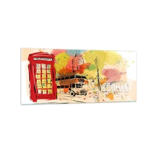 Cuadro sobre vidrio - Impresiones sobre Vidrio - Temática londinense con autobús rojo y cabina. - 120x50cm - Una ciudad de la diversidad - Decoración de pared moderna para salón y dormitorio ARTTOR