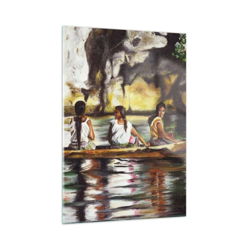 Cuadro sobre vidrio - Impresiones sobre Vidrio - Mujeres en un barco con el telón de fondo de pintorescas rocas y agua. - 50x70cm - En un paraíso polinesio - Decoración de pared moderna para salón y dormitorio ARTTOR