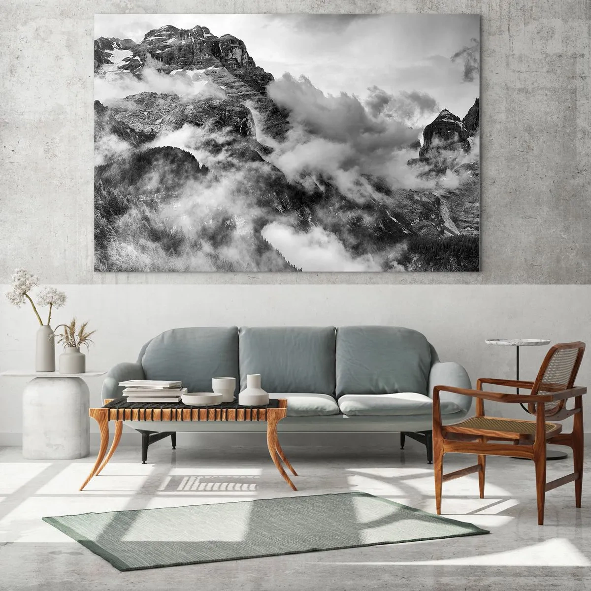 Cuadro sobre vidrio - Impresiones sobre Vidrio - Montañas en blanco y negro con niebla en los valles. - 70x50cm - Hermoso y cruel - Decoración de pared moderna para salón y dormitorio ARTTOR