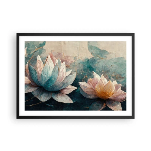 Póster en marco negro - Nenúfares sutiles en tonos pastel de azul y dorado. - 70x50cm - Estrellas de lago - Decoración de pared moderna para salón y dormitorio ARTTOR