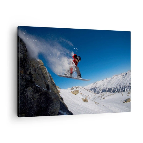 Cuadro sobre lienzo - Impresión de Imagen - Un snowboarder salta desde una roca frente a un paisaje montañoso. - 70x50cm - Y te convertiste en parte del lugar - Decoración de pared moderna para salón y dormitorio ARTTOR