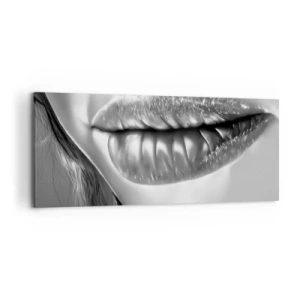 Cuadro sobre lienzo - Impresión de Imagen - Primer plano en blanco y negro de los labios de una mujer con efecto brillante y detalles. - 120x50cm - Sé lo que estás pensando... - Decoración de pared moderna para salón y dormitorio ARTTOR