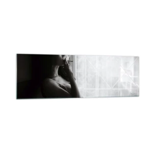 Cuadro sobre vidrio - Impresiones sobre Vidrio - Una mujer en una pose sensual en una fotografía en blanco y negro. - 160x50cm - Un momento sensual - Decoración de pared moderna para salón y dormitorio ARTTOR
