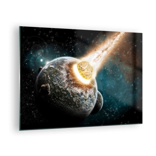 Cuadro sobre vidrio - Impresiones sobre Vidrio - Un planeta colisionando con un meteorito - 70x50cm - ¿Condena o nacimiento? - Decoración de pared moderna para salón y dormitorio ARTTOR