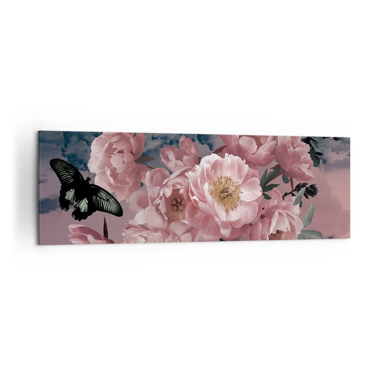 Cuadro sobre lienzo - Impresión de Imagen - Peonías rosas con una mariposa sobre un fondo pastel. - 160x50cm - La cúspide del romance - Decoración de pared moderna para salón y dormitorio ARTTOR
