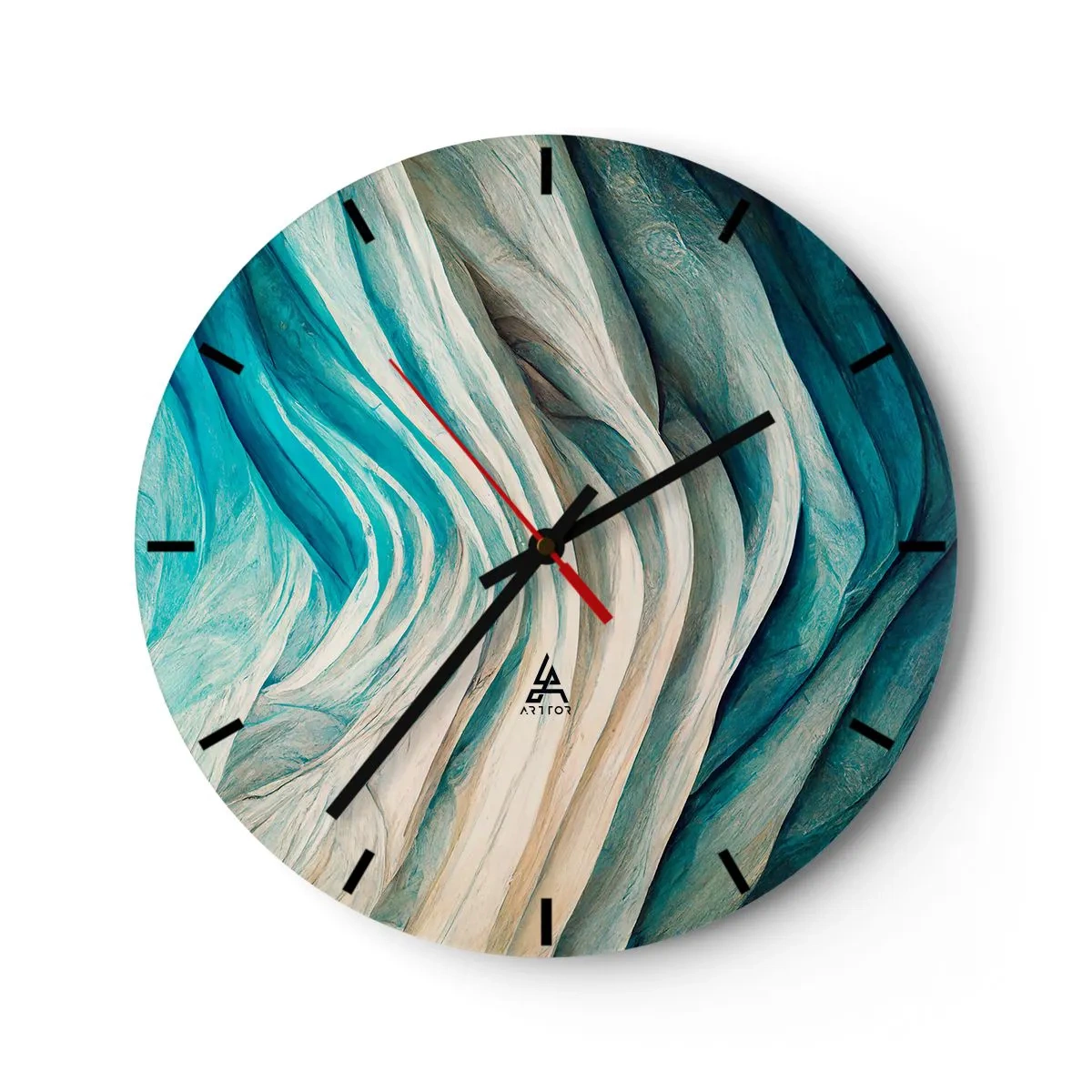 Reloj de pared - Reloj de vidrio - Ondas orgánicas en tonos azules, beige y turquesa. - 30x30cm - Azul insaciable - Decoración de pared moderna para salón, cocina y dormitorio ARTTOR