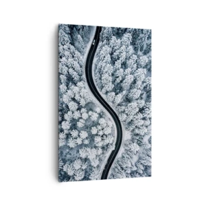 Cuadro sobre lienzo - Impresión de Imagen - Una vista de pájaro de un camino sinuoso en un bosque invernal. - 80x120cm - A través de un bosque invernal - Decoración de pared moderna para salón y dormitorio ARTTOR