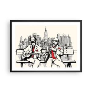 Póster en marco negro - Un dúo de jazz con saxofón y guitarra con la ciudad como telón de fondo. - 70x50cm - Improvisación en Nueva York - Decoración de pared moderna para salón y dormitorio ARTTOR