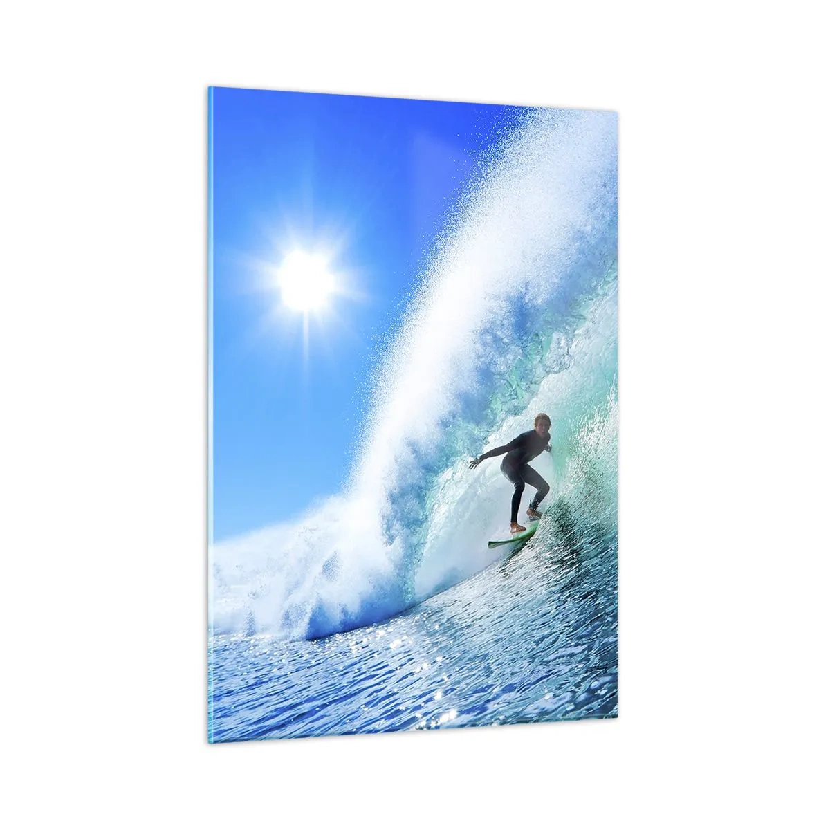 Cuadro sobre vidrio - Impresiones sobre Vidrio - Surfista en una ola en un día soleado - 50x70cm - A través de la gran ola - Decoración de pared moderna para salón y dormitorio ARTTOR