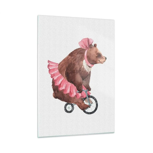 Cuadro sobre vidrio - Impresiones sobre Vidrio - Un oso con una falda rosa en un monociclo. - 50x70cm - ¡Qué circo! - Decoración de pared moderna para salón y dormitorio ARTTOR