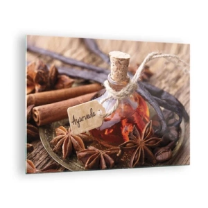 Cuadro sobre vidrio - Impresiones sobre Vidrio - Botella de aceite y especias de estilo ayurvédico - 70x50cm - Hacia la unidad del cuerpo y el espíritu - Decoración de pared moderna para salón y dormitorio ARTTOR