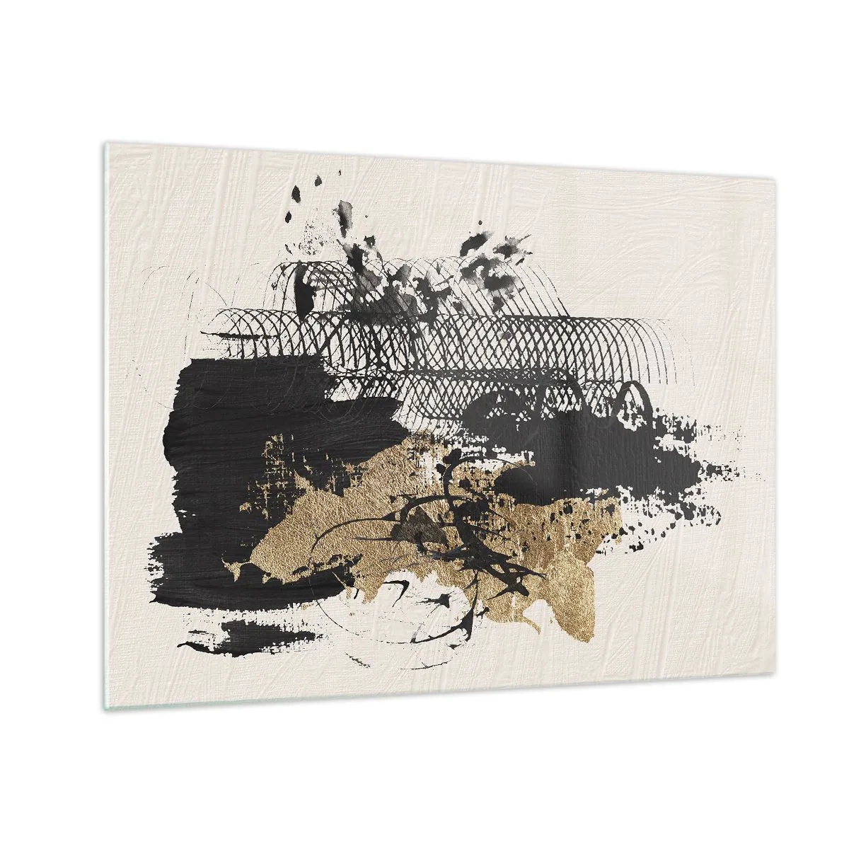 Cuadro sobre vidrio - Impresiones sobre Vidrio - Composición abstracta en negro y dorado sobre un fondo claro. - 70x50cm - Composición con pasión - Decoración de pared moderna para salón y dormitorio ARTTOR