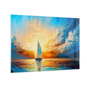 Cuadro sobre vidrio - Impresiones sobre Vidrio - Un velero en el mar a la luz del sol poniente. - 70x50cm - Navegando en oro - Decoración de pared moderna para salón y dormitorio ARTTOR