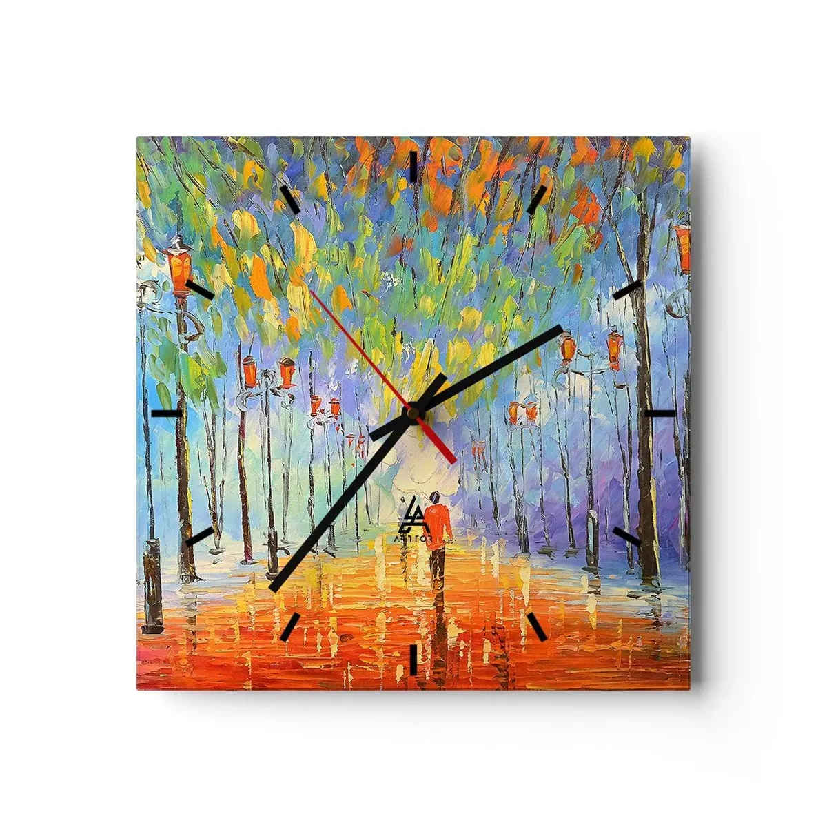 Reloj de pared - Reloj de vidrio - Un pintoresco paseo entre los faroles en una noche lluviosa. - 30x30cm - La canción nocturna de la lluvia - Decoración de pared moderna para salón y dormitorio ARTTOR