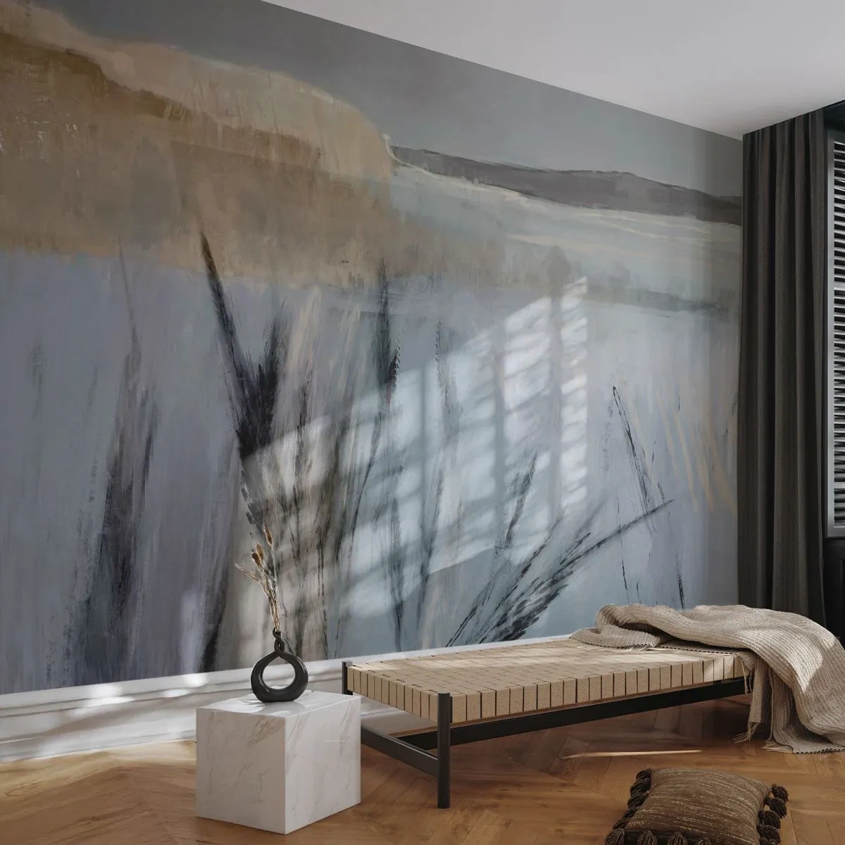 Fotomural Premium Sand - Campos de hierba invernales pictóricos contra un cielo pastel - 100x70cm - Campos de invierno - Decoración de pared moderna para salón y dormitorio ARTTOR