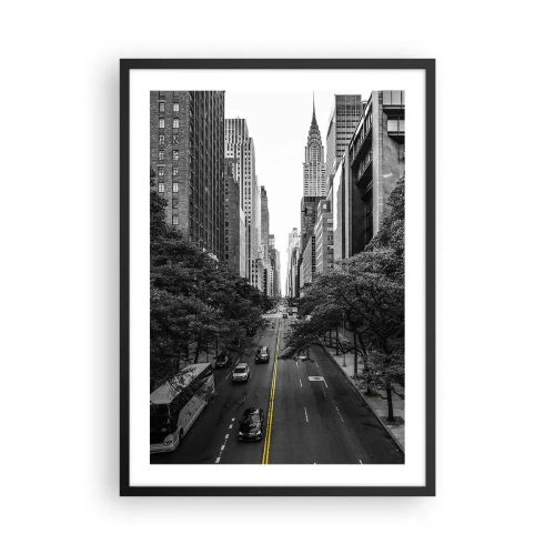 Póster en marco negro - Panorama de la ciudad en blanco y negro con una línea amarilla en la carretera - 50x70cm - Mañana de Nueva York - Decoración de pared moderna para salón y dormitorio ARTTOR