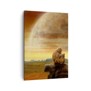Cuadro sobre lienzo - Impresión de Imagen - Monos sentados en una roca en un paisaje surrealista con un planeta gigante. - 50x70cm - El amor es igual en todas partes - Decoración de pared moderna para salón y dormitorio ARTTOR