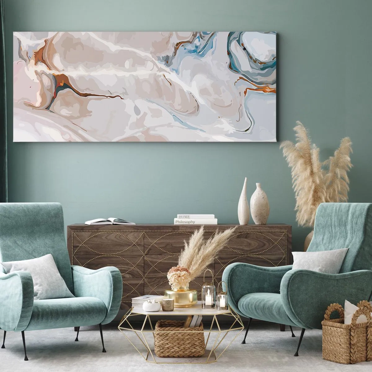 Cuadro sobre lienzo - Impresión de Imagen - El azul serpentea por el blanco - 100x40 cm