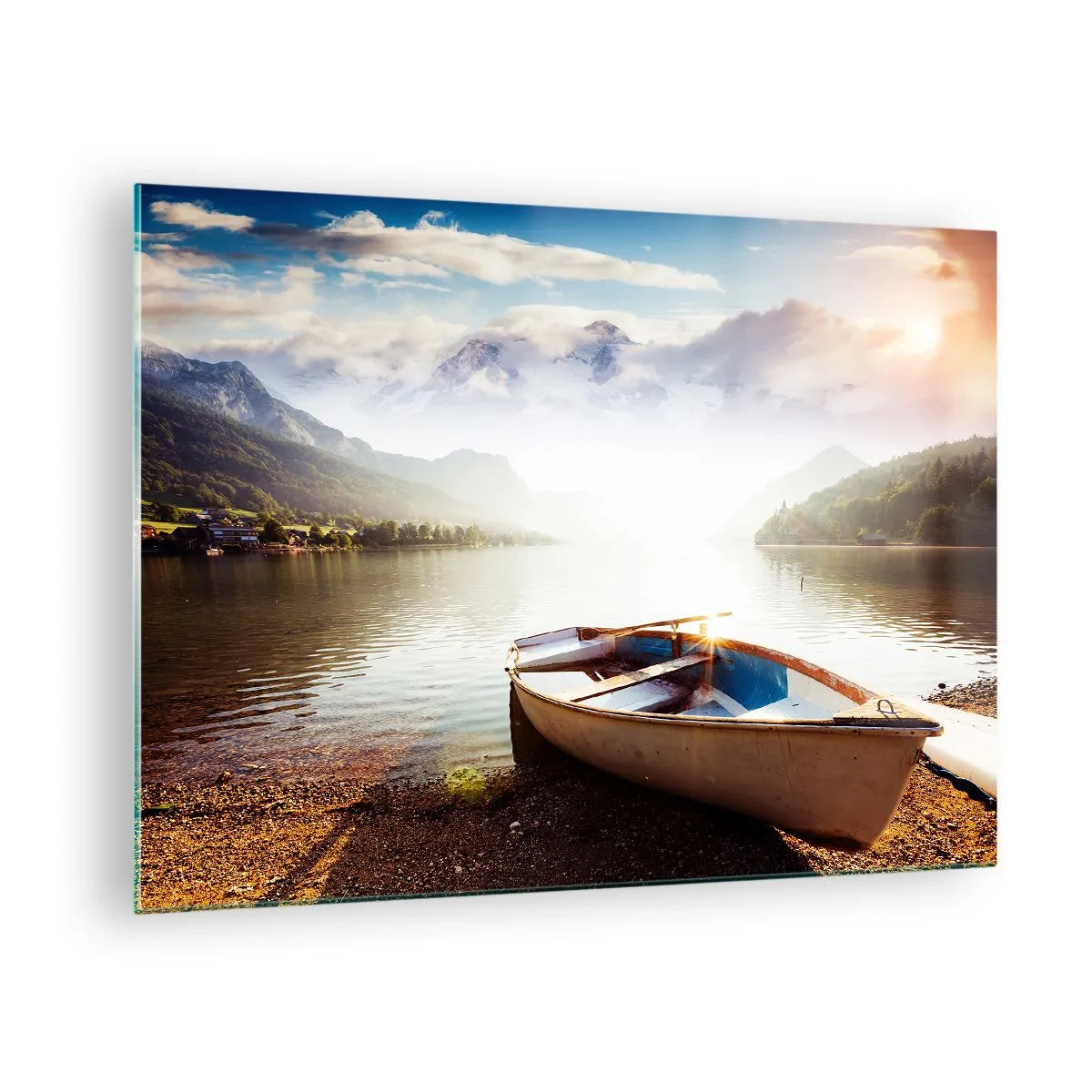Cuadro sobre vidrio - Impresiones sobre Vidrio - Un barco en un lago rodeado de montañas al amanecer. - 70x50cm - Junto al agua clara - Decoración de pared moderna para salón y dormitorio ARTTOR