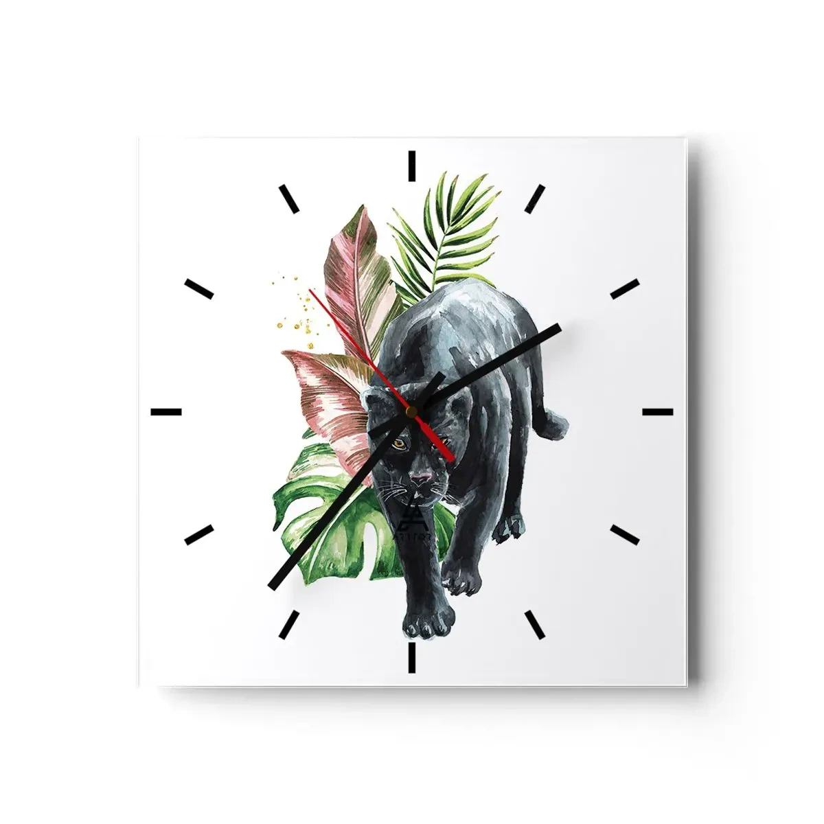 Reloj de pared - Reloj de vidrio - Pantera negra rodeada de hojas tropicales - 30x30cm - Salvaje de corazón - Decoración de pared moderna para salón y dormitorio ARTTOR