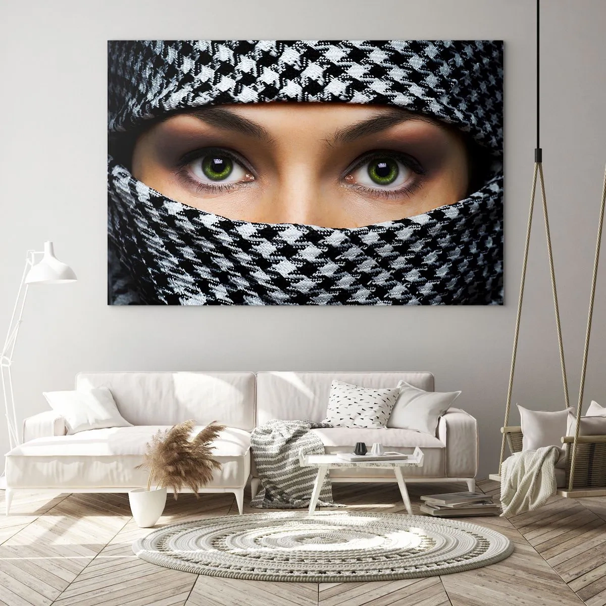 Cuadro sobre vidrio - Impresiones sobre Vidrio - Ojos verdes rodeados de un patrón blanco y negro. - 100x70cm - Hermosa mirada de ojos verdes - Decoración de pared moderna para salón y dormitorio ARTTOR