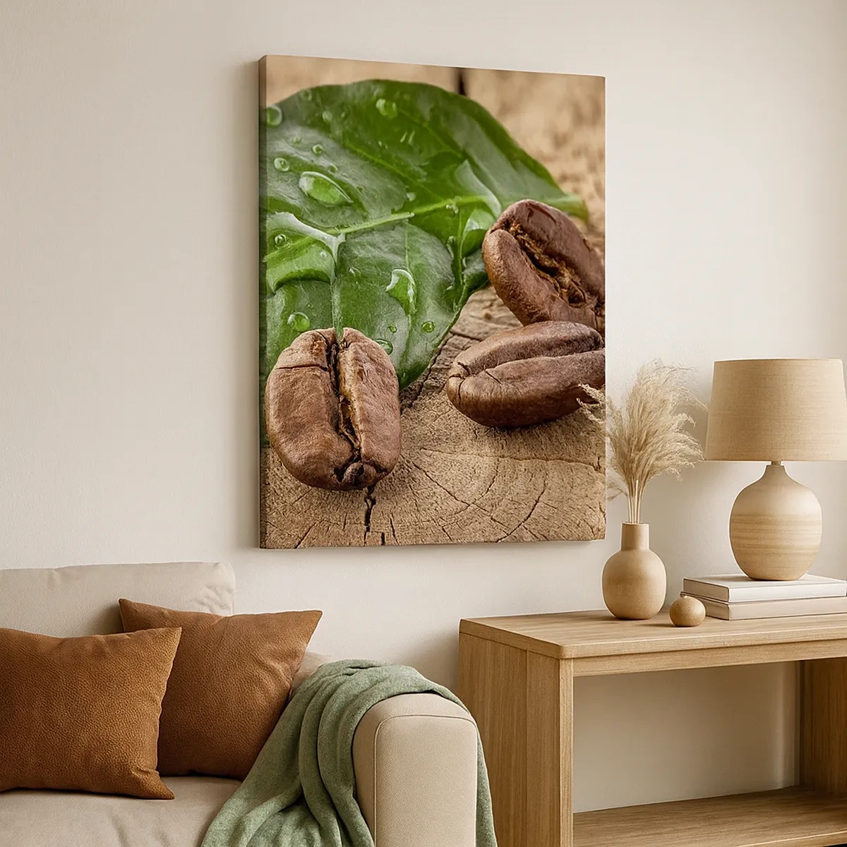 Cuadro sobre lienzo - Impresión de Imagen - Granos de café y hojas verdes sobre un fondo de madera - 50x70cm - El auténtico y negro - Decoración de pared moderna para salón y dormitorio ARTTOR