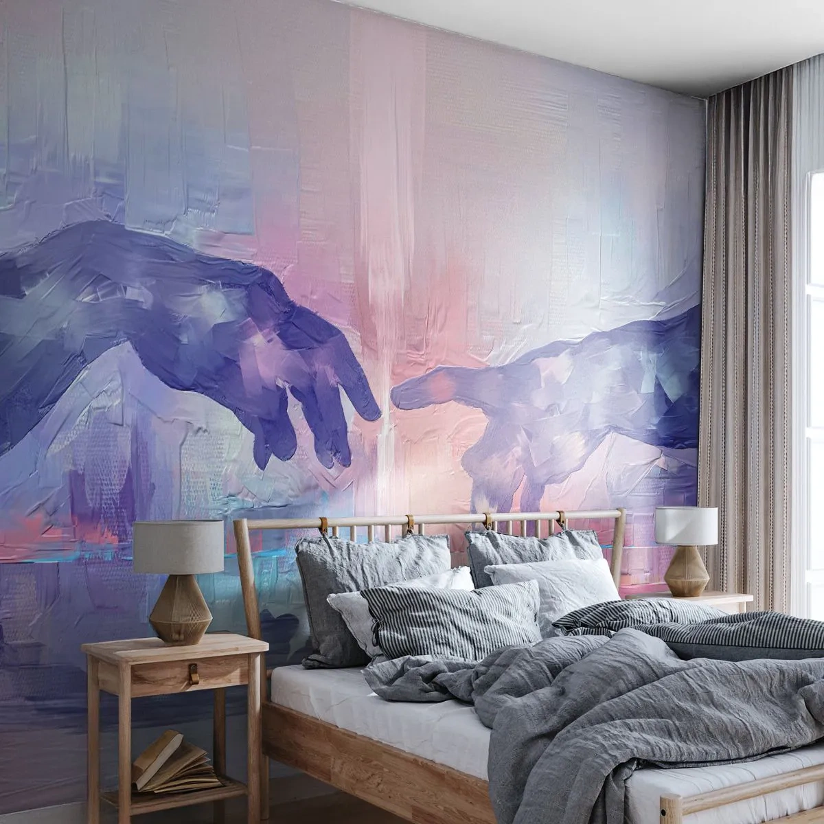 Fotomural Standard Eco - Una interpretación artística del tacto de dos manos en colores pastel. - 100x70cm - Chispa divina de vida - Decoración de pared moderna para salón y dormitorio ARTTOR