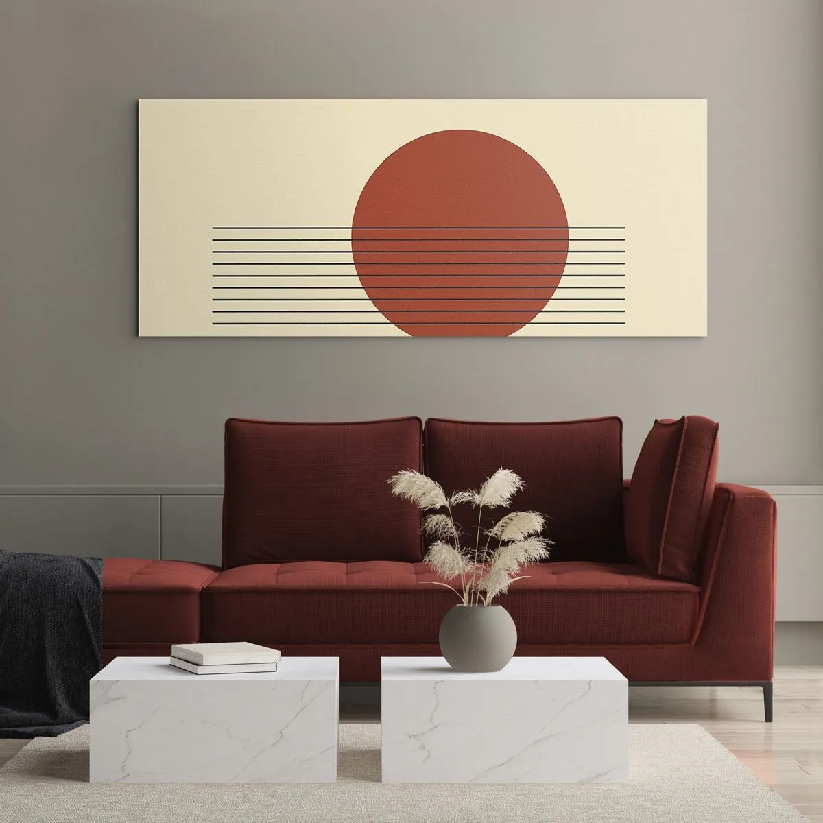 Cuadro sobre vidrio - Impresiones sobre Vidrio - Círculo rojo abstracto con líneas sobre fondo beige. - 140x50cm - Cruzando el círculo - Decoración de pared moderna para salón y dormitorio ARTTOR