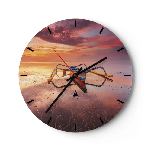 Reloj de pared - Reloj de vidrio - Barco tradicional en el agua durante la puesta de sol - 30x30cm - Calma de una tarde tropical - Decoración de pared moderna para salón, cocina y dormitorio ARTTOR