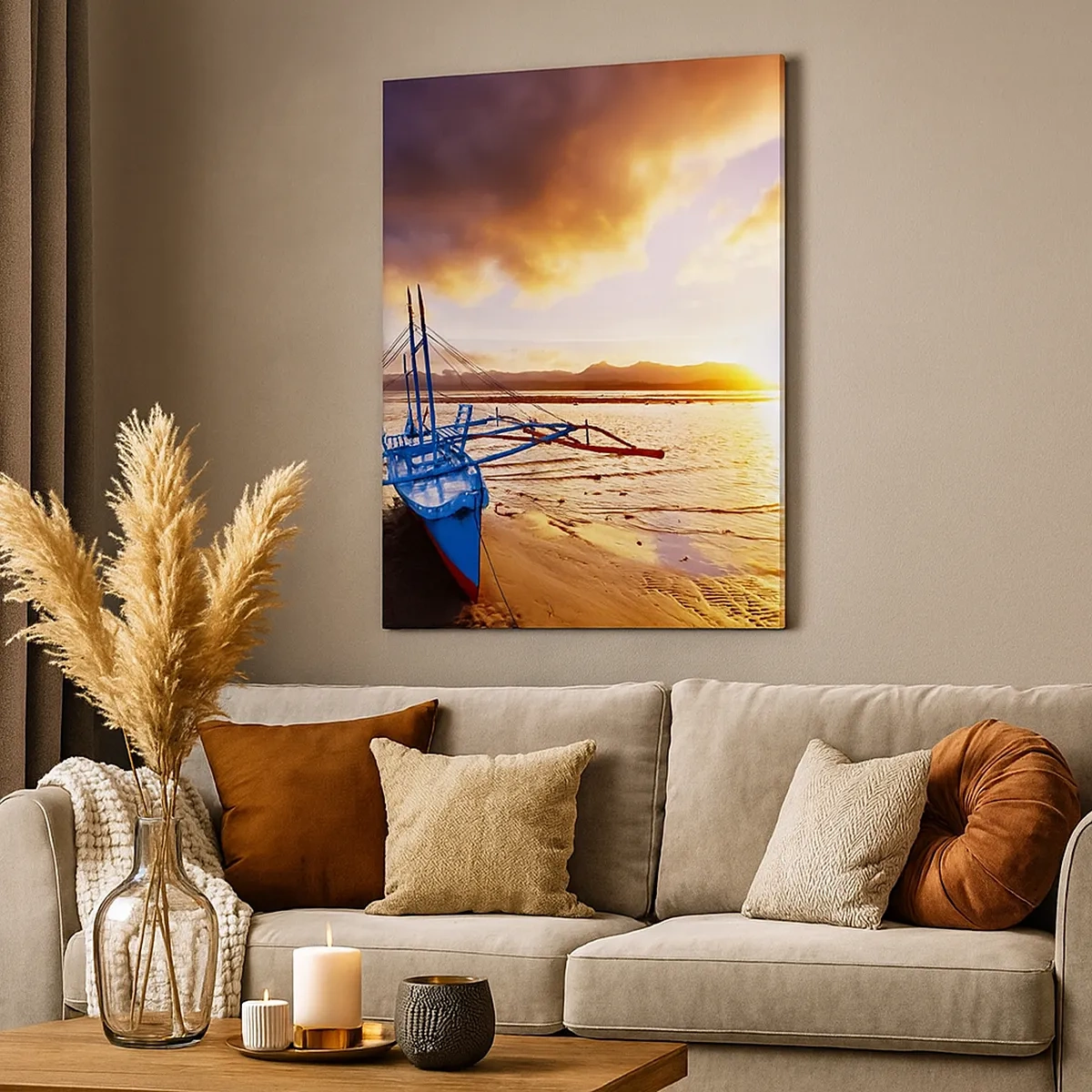 Cuadro sobre lienzo - Impresión de Imagen - Barco azul en la playa al atardecer - 50x70cm - Después de un largo día, relájate en la arena - Decoración de pared moderna para salón y dormitorio ARTTOR