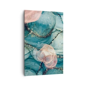 Cuadro sobre lienzo - Impresión de Imagen - Una composición abstracta en tonos turquesa y dorado. - 80x120cm - Seda azul, tul rosa - Decoración de pared moderna para salón y dormitorio ARTTOR