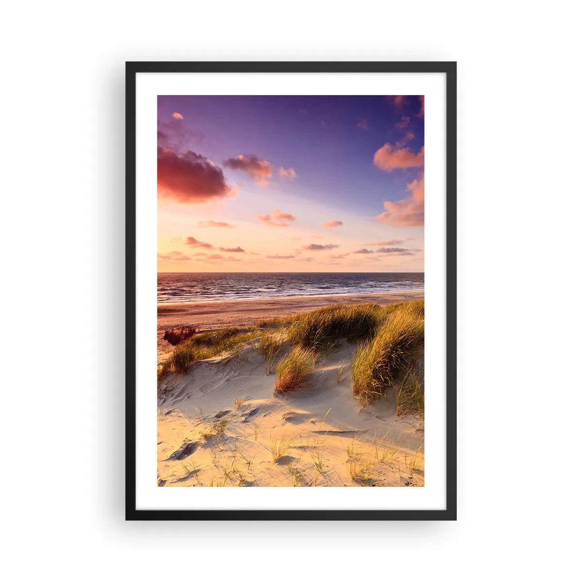 Póster en marco negro - Playa con dunas y sol poniente - 50x70cm - Se siente la brisa veraniega - Decoración de pared moderna para salón y dormitorio ARTTOR