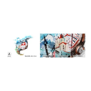 Muestra de fotomural Premium Sand - El espíritu de Suiza - Abstracción, Reloj suizo, Alpes - 100x30 cm