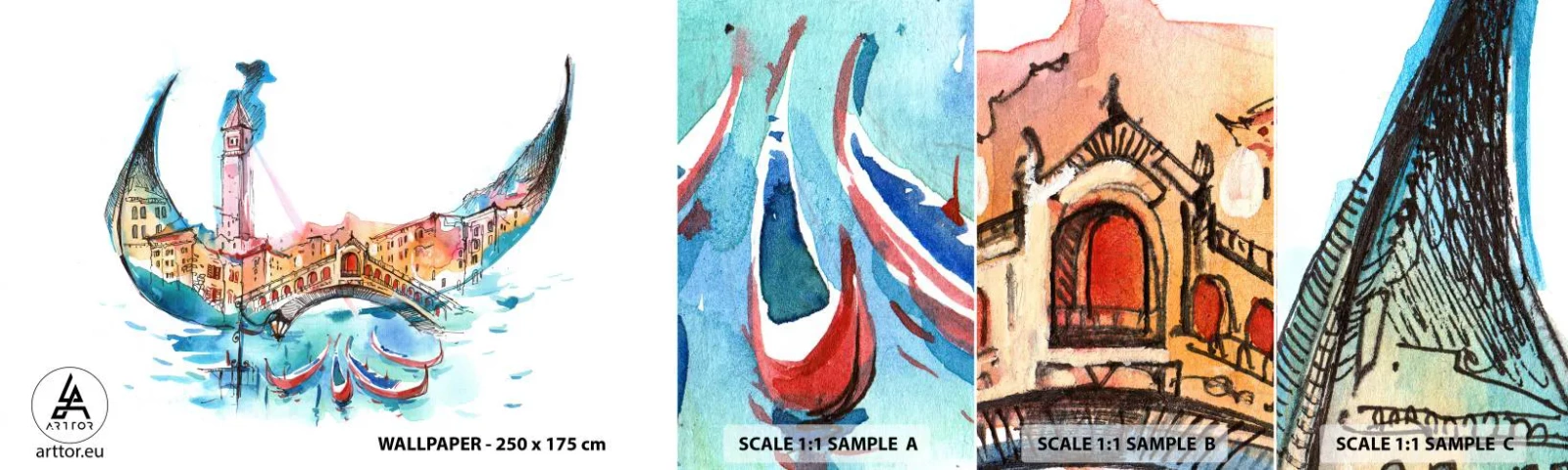 Muestra de fotomural autoadhesivo Deluxe Sticker - Navegamos por la ciudad - Abstracción, Venecia, Puente - 100x30 cm