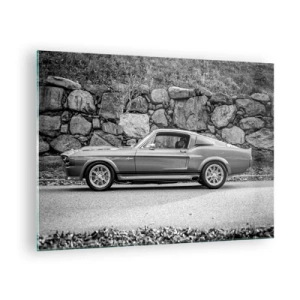 Cuadro sobre vidrio - Impresiones sobre Vidrio - Un coche clásico contra un muro de piedra. - 70x50cm - Una leyenda de los años 60 - Decoración de pared moderna para salón y dormitorio ARTTOR