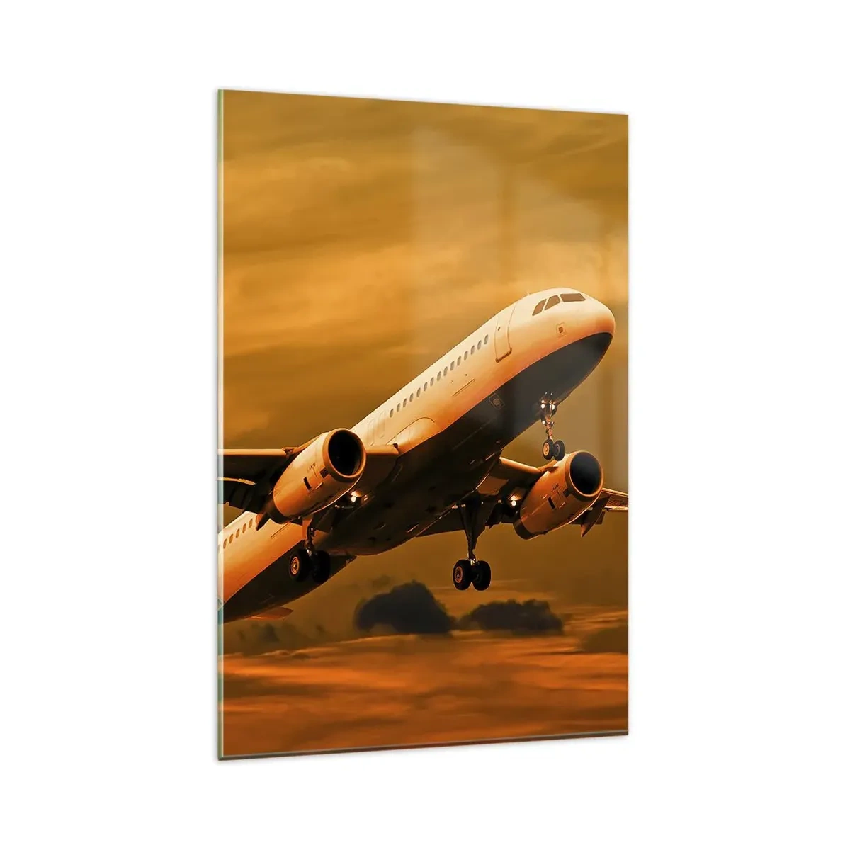Cuadro sobre vidrio - Impresiones sobre Vidrio - Un avión de pasajeros despegando contra un cielo dorado al atardecer. - 80x120cm - Vuelo hacia el sol - Decoración de pared moderna para salón y dormitorio ARTTOR