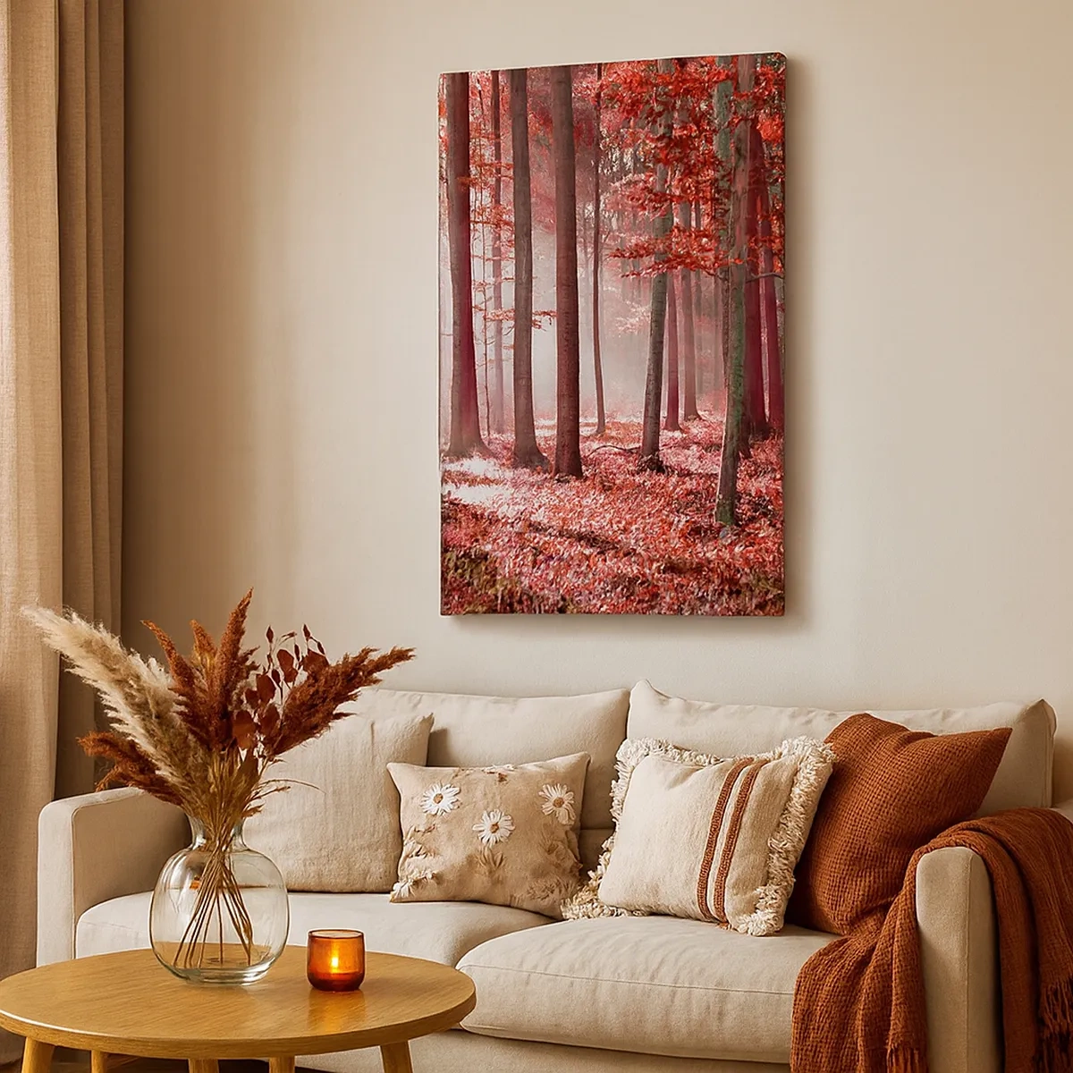 Cuadro sobre lienzo - Impresión de Imagen - Un impresionante bosque en tonos rojos con rayos de luz que penetran a través de los árboles. - 50x70cm - Rojo como el que más - Decoración de pared moderna para salón y dormitorio ARTTOR