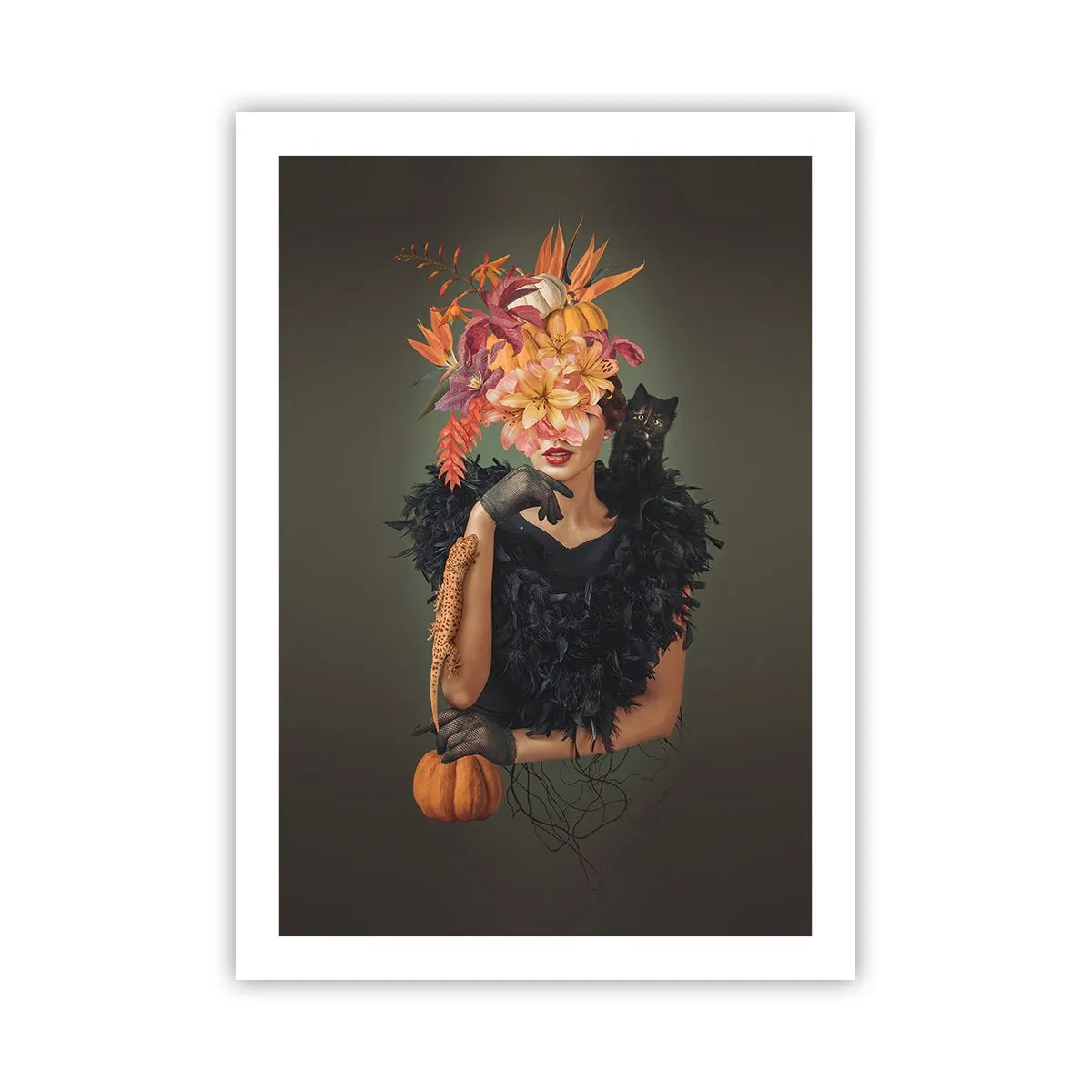 Póster - Retrato artístico de una mujer con flores, una calabaza y un gato negro. - 50x70cm - Hechizo de bruja - Decoración de pared moderna para salón y dormitorio ARTTOR