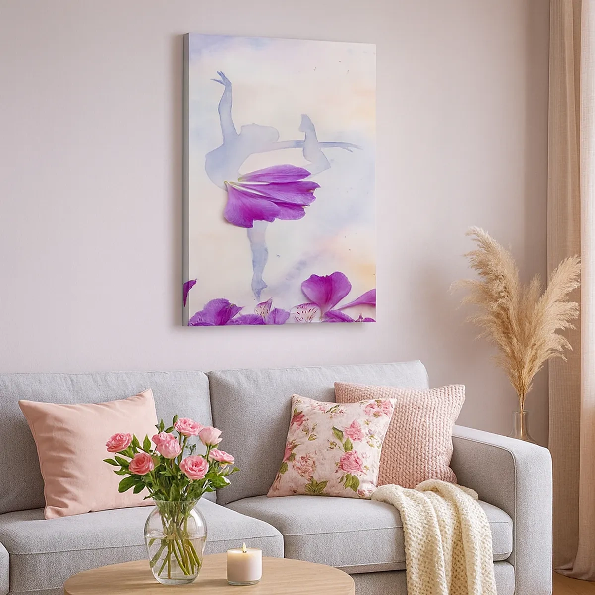 Cuadro sobre lienzo - Impresión de Imagen - Una bailarina con un vestido de pétalos de flores sobre un fondo pastel. - 50x70cm - Suave como una flor - Decoración de pared moderna para salón y dormitorio ARTTOR
