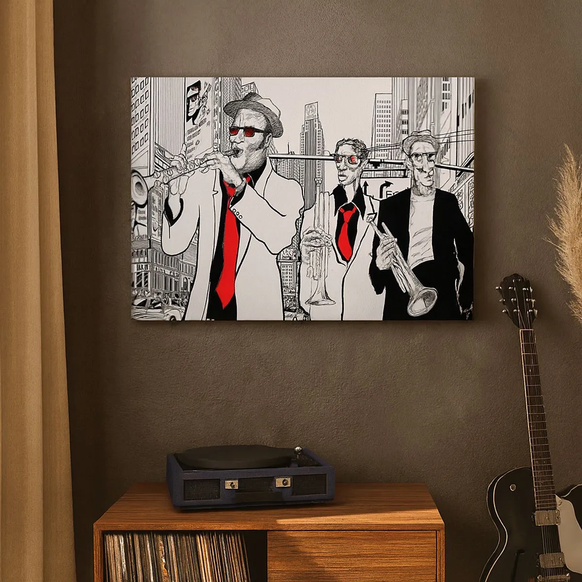 Cuadro sobre lienzo - Impresión de Imagen - Ilustración de músicos de jazz con un fondo urbano - 70x50cm - Rapsodia urbana en negro y rojo - Decoración de pared moderna para salón y dormitorio ARTTOR